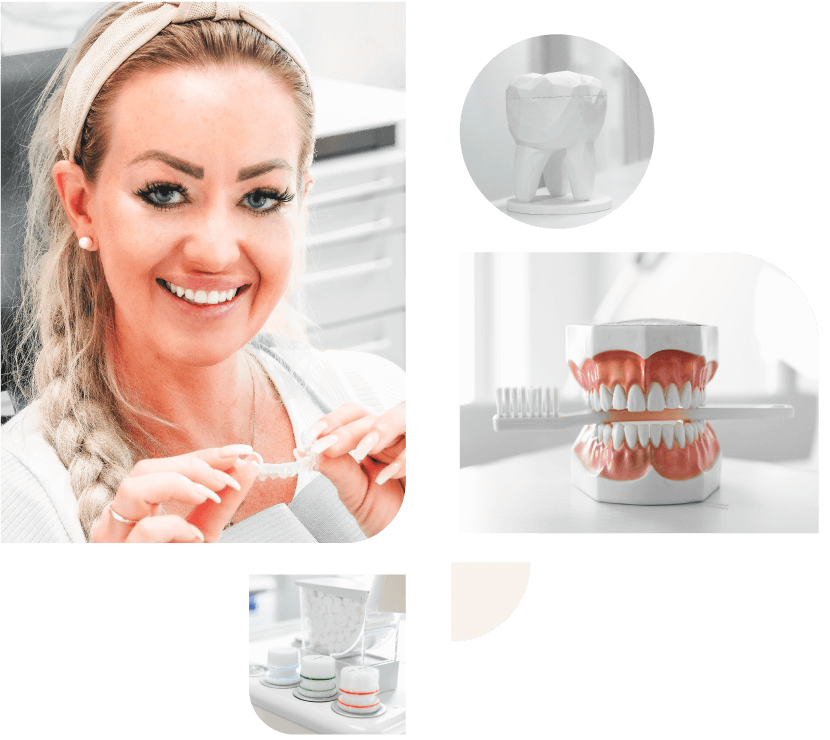 Collage bestehend aus lachende Patientin, Modell eines Gebisses mit Zahnbürste und Zahnarztequipment